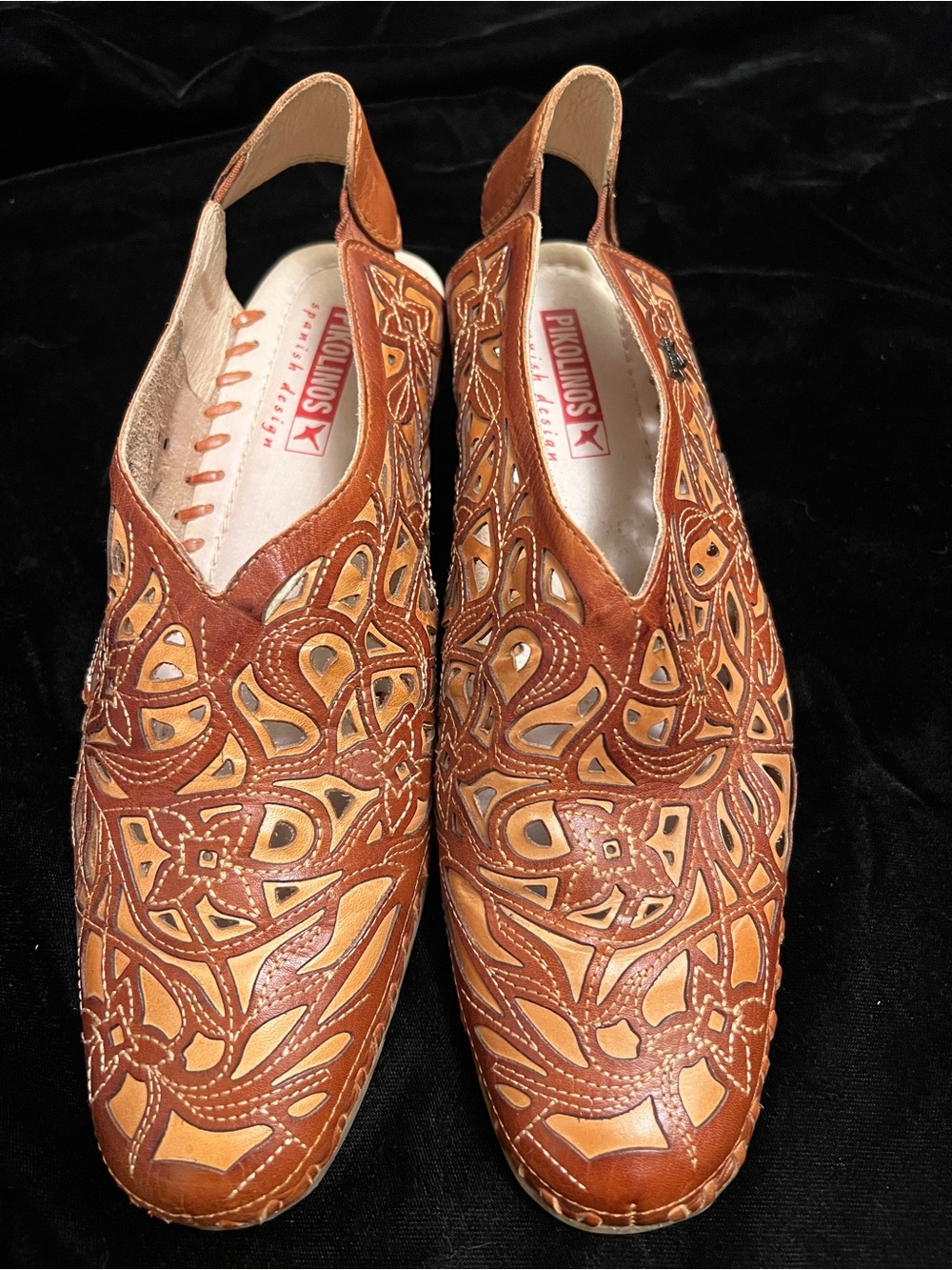 PIKOLINOS Brown Tan Laser-Cut Leather Slingback Mules Made in Spain size 40